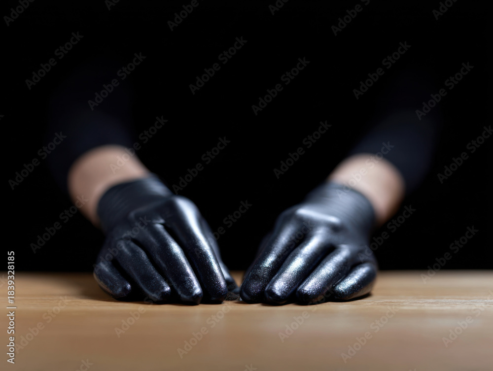 Fototapeta premium Black gloves on hands resting on wooden surface with dark background creating mysterious mood