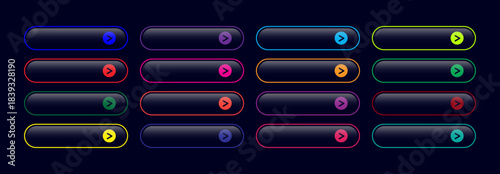 Vibrant UI Button Set on Dark Background, Futuristic Call to Action Web Elements, Editable AI file