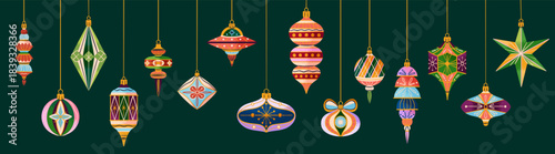 Set of hanging Christmas tree ornaments. Design of top border from Xmas balls, stars, and glass cones. New Year decorations. Winter holiday decor in retro style. Flat isolated vector illustration.