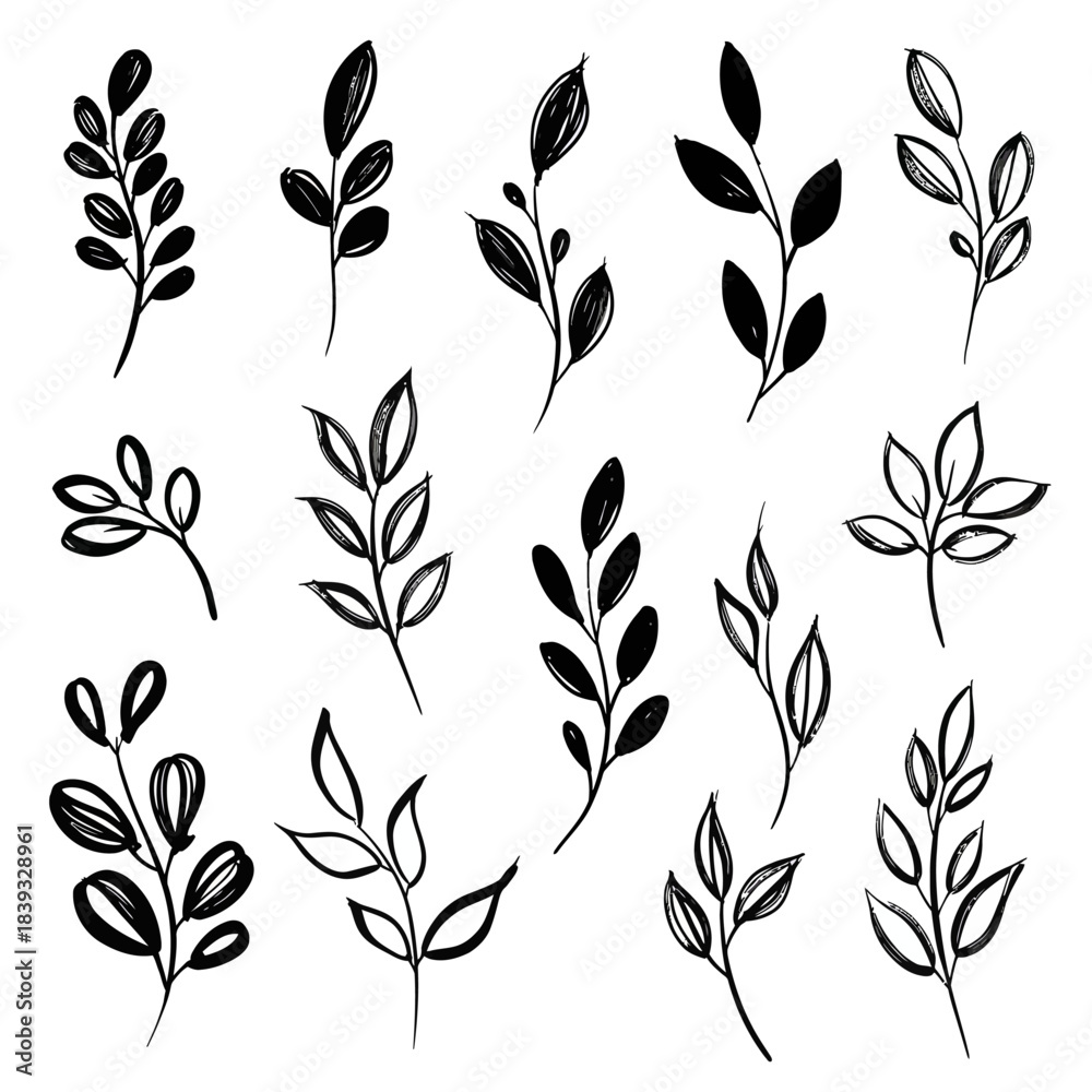 Fototapeta premium Abstract vector illustrations featuring a collection of simple hand-drawn plant shapes, created with elegant ink brush lines for organic design elements and natural aesthetics