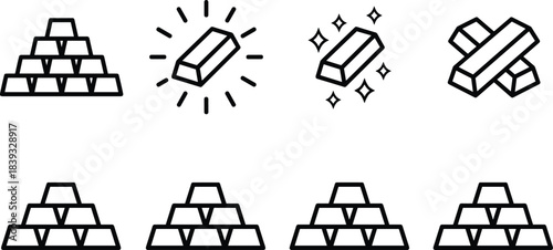 Title: Gold Bars Icon Set Vector: Financial Investment, Wealth, Banking, Treasure, Money, and Prosperity Outline Line Art Graphic Elements Collection