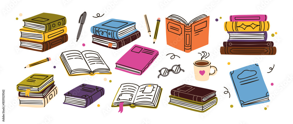 Fototapeta premium Doodle set of books and stationery. Cute piles of textbooks and open novels. Stacks of stories and school literature for learning. Flat isolated hand drawn vector illustrations on white background.