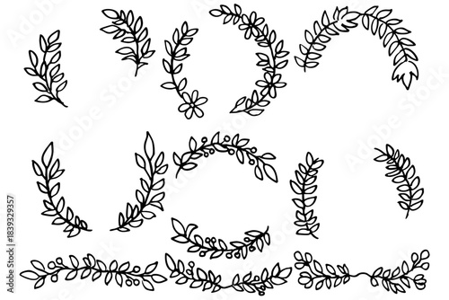 手描きの葉リースとボタニカル円形フレームセット｜線画の装飾素材