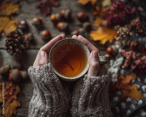 Cozy hands holding warm tea mug with autumn leaves and acorns for fall season concept