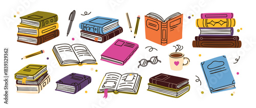 Doodle set of books and stationery. Cute piles of textbooks and open novels. Stacks of stories and school literature for learning. Flat isolated hand drawn vector illustrations on white background.