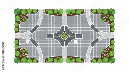 Overhead View City Road Intersection Vector Illustration with Green Trees and Paved Areas