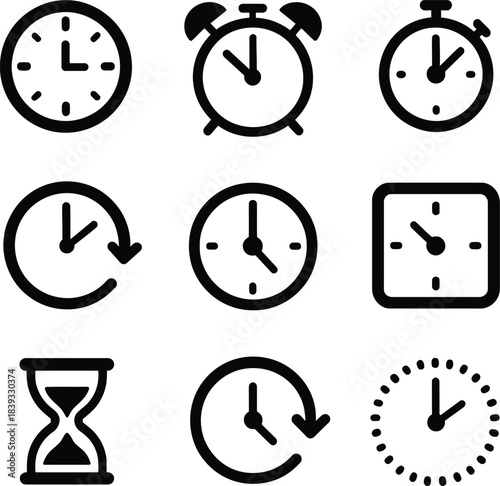 A collection of nine black and white icons representing various timekeeping devices and concepts, including analog clocks, an alarm, a stopwatch, and an hourglass.