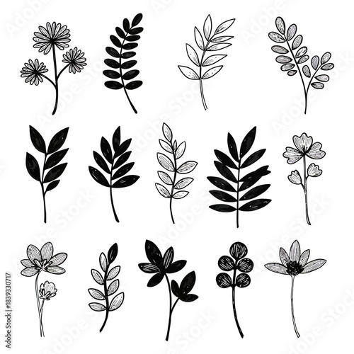 Vector collection of abstract hand-drawn plant drawings, featuring sketch-style leaves and minimalist floral elements, perfect for natural design and botanical aesthetics