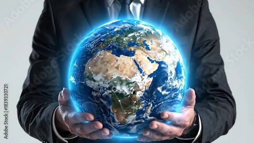Businessman In Suit Holding Glowing Earth Globe In Hands On Light Background