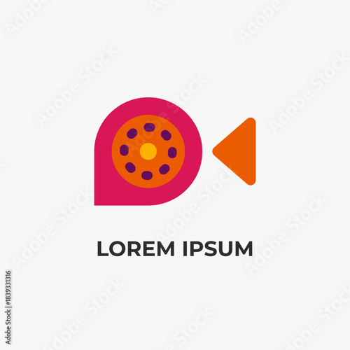 A simple, unique video camera logo in pink and orange. Perfect for video production branding or filmmaking company logos