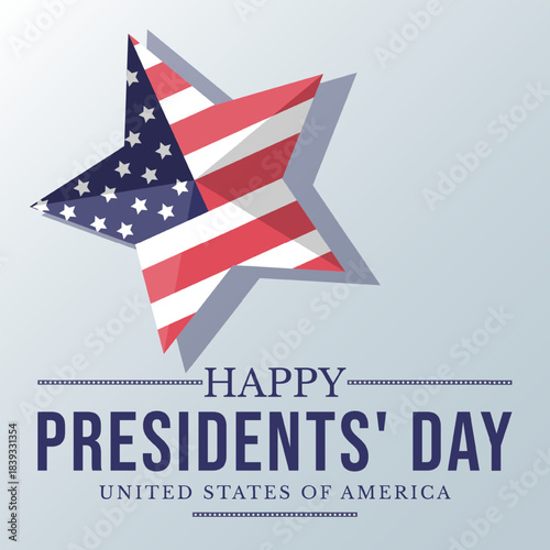 Bright Presidents’ Day poster on a light gradient background with a star featuring the American flag pattern and bold ‘Happy Presidents’ Day’ lettering. Ideal for banners, ads, flyers and festive prom