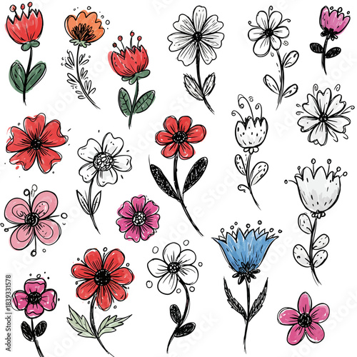 Artistic vector collection of rough brush stroke botanical doodles, featuring a charming assortment of hand-drawn flowers with a whimsical style, perfect for creative design