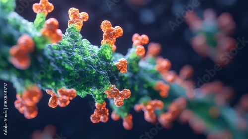 A close-up view of a virus structure, showcasing vibrant orange spikes and green body, emphasizing its intricate details and scientific significance.