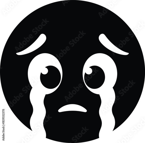 Black and white crying face emoji isolated on white