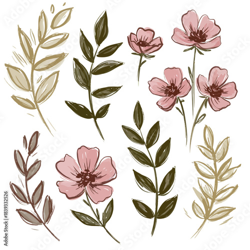 A lovely vector collection of hand-drawn rough brush stroke botanical elements, showcasing delicate flowers and graceful leaves, ideal for organic design