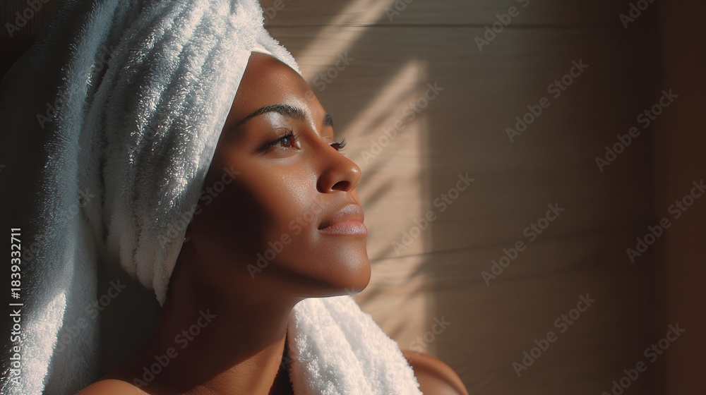 Fototapeta premium Black woman in serene spa corner with warm natural light
