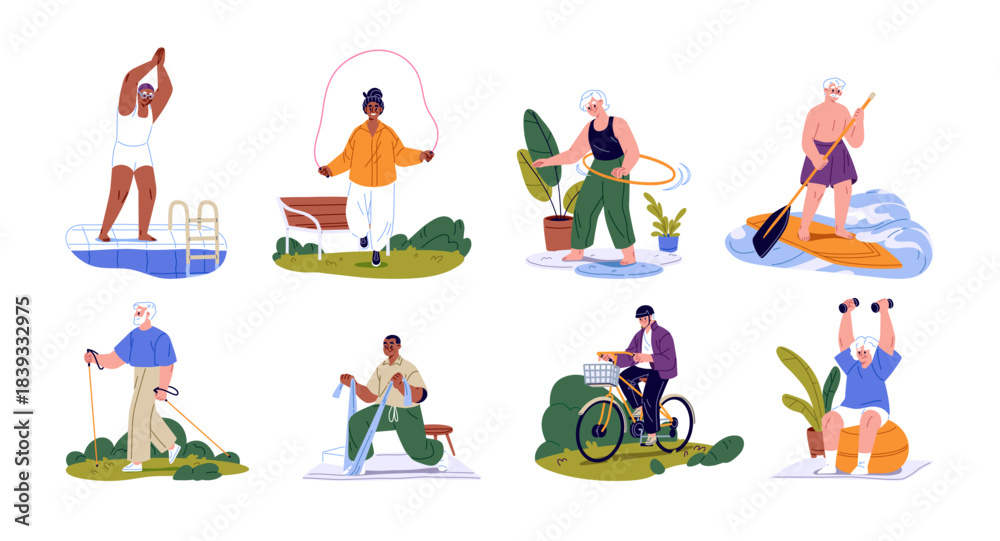 Fototapeta premium Elderly people do sports set. Seniors do physical exercises with resistance band, bike, dumbbells and sup board. Old men and women are training, do workout. Flat isolated vector illustrations on white