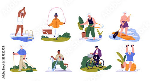Elderly people do sports set. Seniors do physical exercises with resistance band, bike, dumbbells and sup board. Old men and women are training, do workout. Flat isolated vector illustrations on white