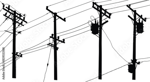 Electric utility poles with power lines and transformers silhouette, industrial energy distribution infrastructure, black and white illustration for rural electricity concept