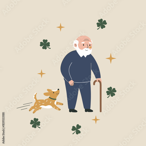 Happy old man walking with a cane and his small dog running beside him, surrounded by clover leaves and stars in a simple vector illustration.