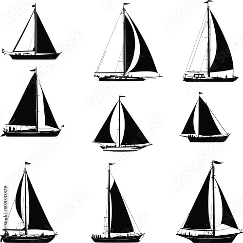 Black Silhouette Set of Nine vector icons Various Sailing Yachts and Single-Masted Catamarans for Nautical, Marine, Travel, and Adventure Design Themes.