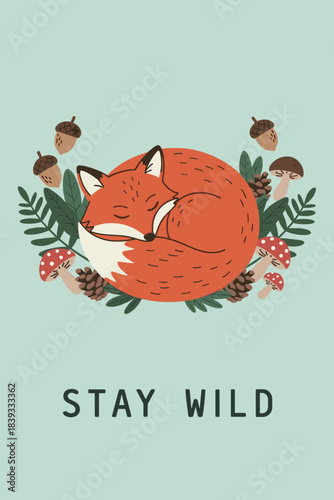 Cute orange fox curled up sleeping peacefully surrounded by forest elements like mushrooms, pine cones, and acorns, with "STAY WILD" text in a nature vector design.