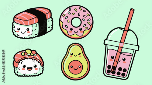 Cute Kawaii Food and Drink Illustrations Set with Flat Vector Design