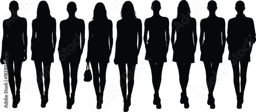 Fashion silhouettes of women standing, black and white, stylish dresses, skirts, handbag, jacket, posture design, elegance, modeling, clothing illustration