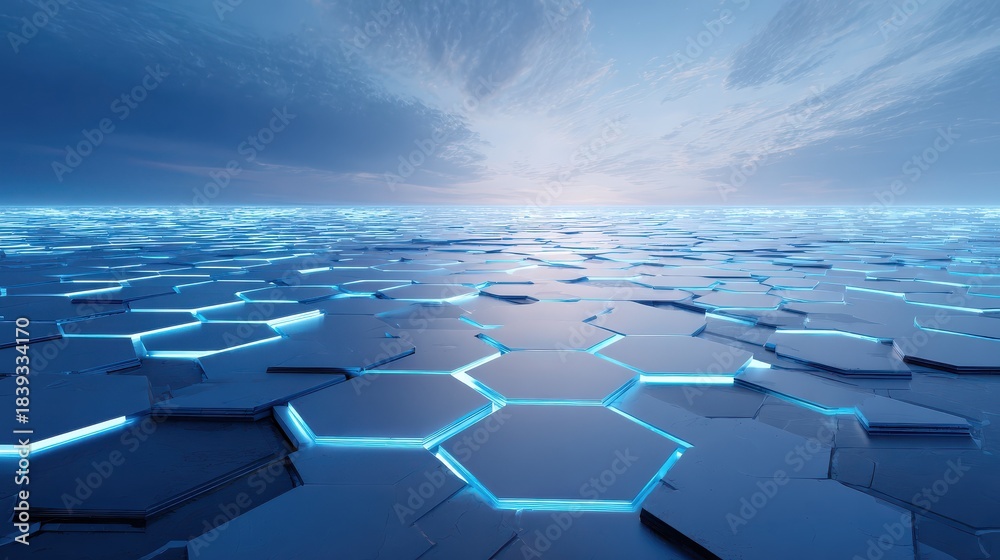 Obraz premium glowing hexagonal energy tile virtual space with blue horizon abstract futuristic scifi environment