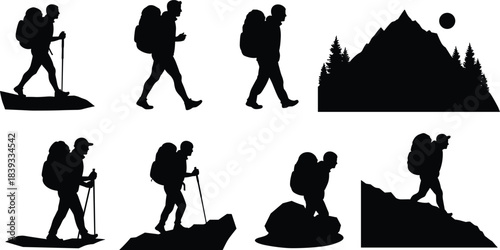 Hiking silhouettes, mountain scene, trekking, backpackers, outdoor adventure, climbing, nature exploration, wilderness trekking, hikers with poles, scenic landscape illustration