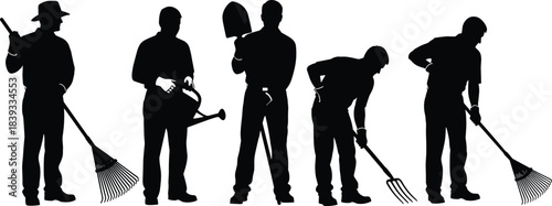 Group of Gardeners and Workers Black Silhouette Vector Illustration, People Raking Leaves, Shoveling Dirt, and Using Gardening Tools, Representing Landscaping and Maintenance.