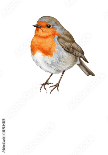 detailed european robin (erithacus rubecula) illustration perched on lush fir branches with cotton flowers and glossy red rose hips, painted in watercolor on cold-press paper. concept of christmas