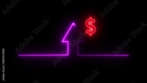 Neon business graph animation. Glowing neon arrow business graph icon animation on black background.