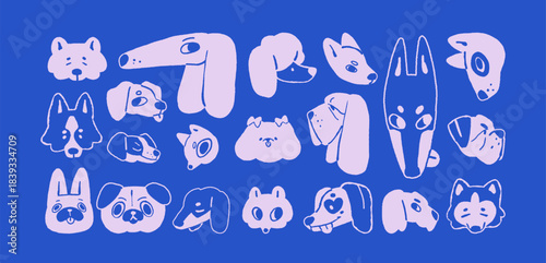 Doodle set of dogs. Funny faces of French bulldog, pug, spitz, doberman, dachshund. Cute muzzles of different puppies. Adorable pets, happy animals. Flat hand drawn isolated vector illustrations.