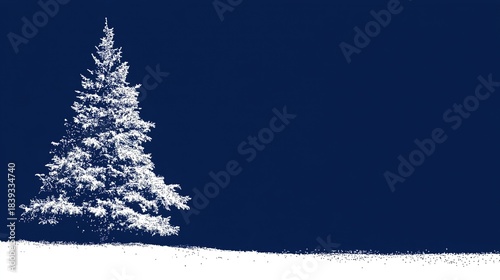 Christmas tree in white dot texture, set against deep navy background with snowy ground. Festive holiday seasonal decor, minimalist design ideal for wallpaper, poster, banner.