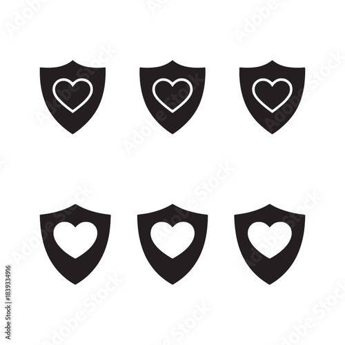 Shield with Heart Icon Set: Protection, Security, Health, and Love Flat Vector Symbols