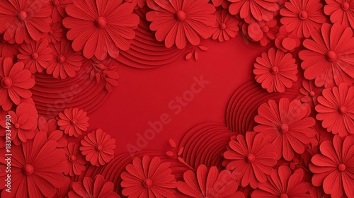 A vibrant red background adorned with intricately layered paper flowers, creating a striking and decorative floral design.
