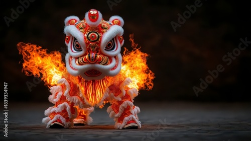 A vibrant lion dance costume with flames, representing tradition and celebration, set against a dark background.