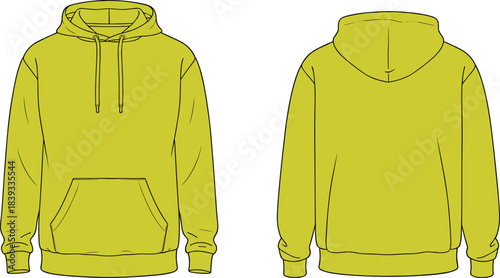 Hoodie flat sketch front and back views, yellow hooded sweatshirt design, kangaroo pocket drawstring hood, ribbed cuffs hem fashion illustration