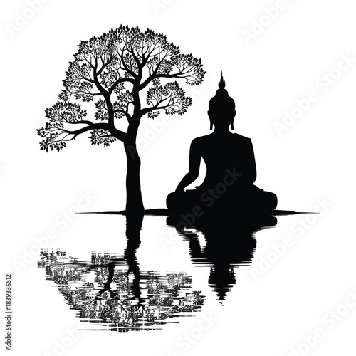 Buddha siting Under the Bodhi Tree Silhouette Vector Art with Reflection on water