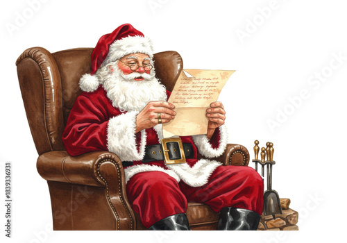 watercolor santa claus in a velvet suit and spectacles, reading a christmas letter by a fireplace, rendered as a vignette against a transparent background with copy space. traditional christmas