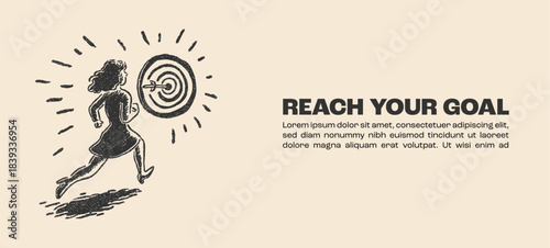 Monochrome vector doodle depicting a motivated female professional achieving her objectives on a career path