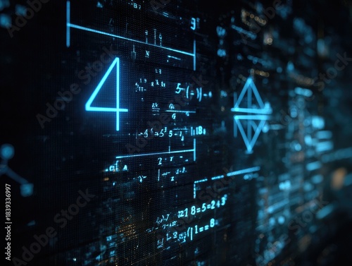 Glowing cyan math equations and symbols float on a blurred, dark background, evoking futuristic data visualization