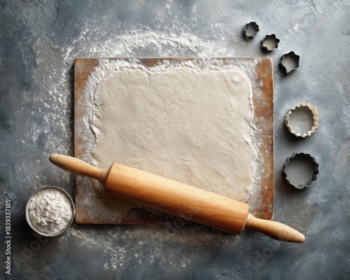 Top-View Baking Scene with Rolled Dough, Rolling Pin, Flour and Metal Cookie Cutters – Rustic Food Background