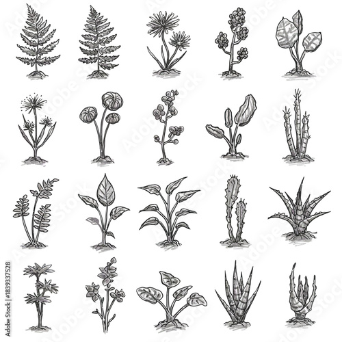 A versatile vector collection of minimalist hand-drawn botanical sketches, showcasing diverse plant species with a rough, organic, and natural artistic aesthetic