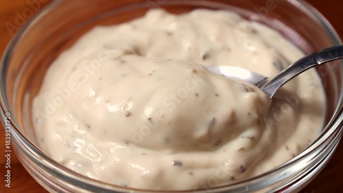 Creamy homemade mushroom dipping sauce taking with a spoon from a bowl close up