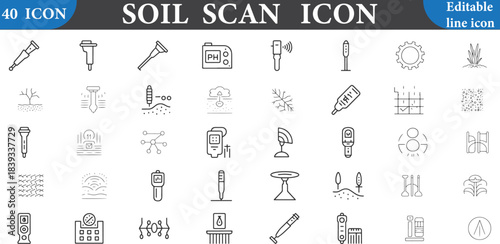 Collection of linear soil testing and agricultural analysis icons in black and white