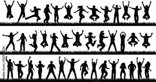 Collection of Excited People Jumping Black Silhouette Vector Set on Grass for Celebration, Achievement, Energy, Youth Fun, and Healthy Lifestyle Concepts