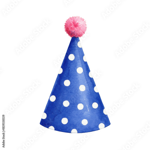 watercolor illustration of a cerulean blue conical party hat, white polka dots, and fluffy pink pom-pom, showcasing detailed brushwork on transparent, joyful birthday celebration concept