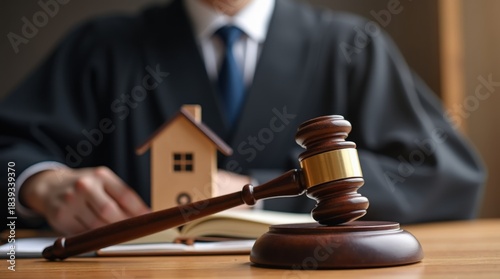 Judge auction and real estate concept. Law hammer and house model. Real estate law. Taxes and profits invested in real estate and home purchase